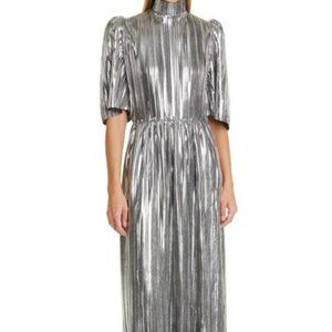 LISOU SILVER Diane Pleated Puff Sleeve A-Line Dress SIZE LARGE